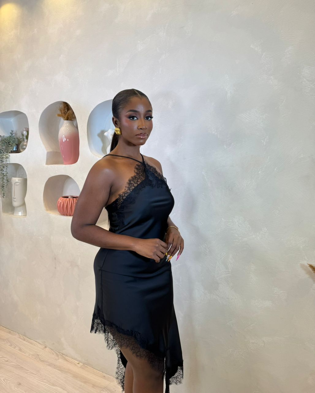 Noir Lace Slip Midi Dress