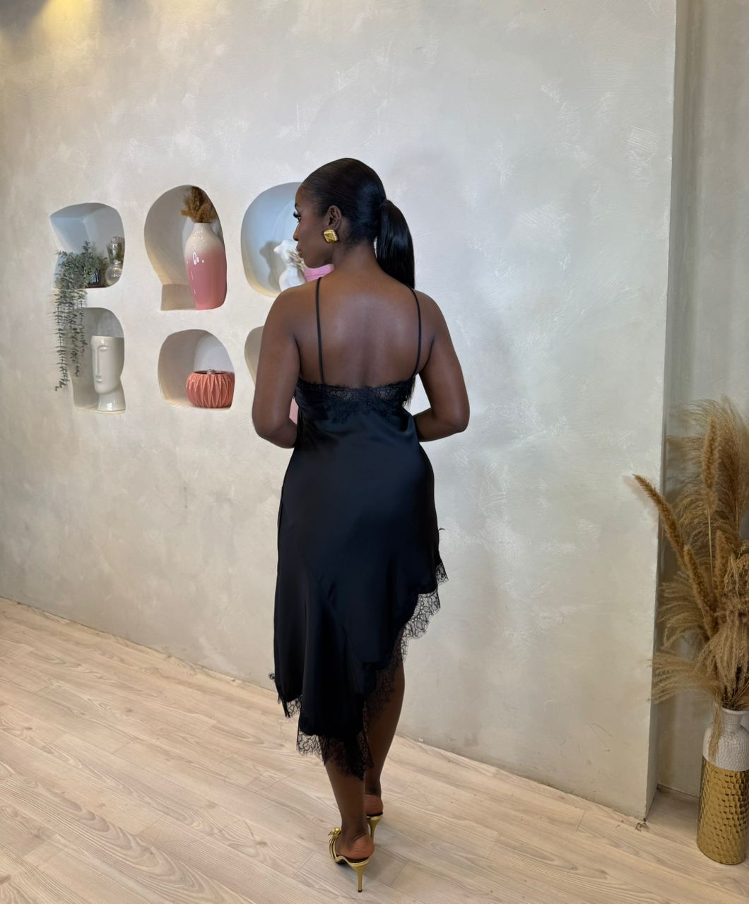 Noir Lace Slip Midi Dress