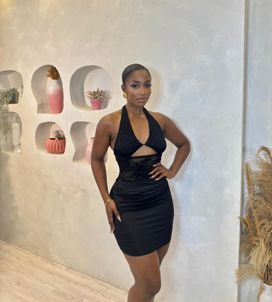 Blue Mist Lace Halter Mini Dress