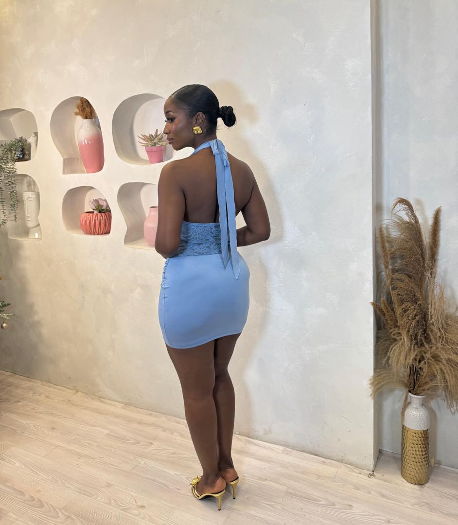 Blue Mist Lace Halter Mini Dress
