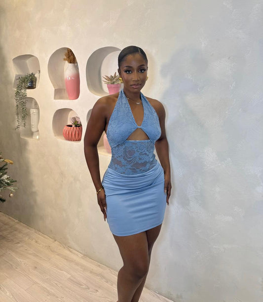 Blue Mist Lace Halter Mini Dress