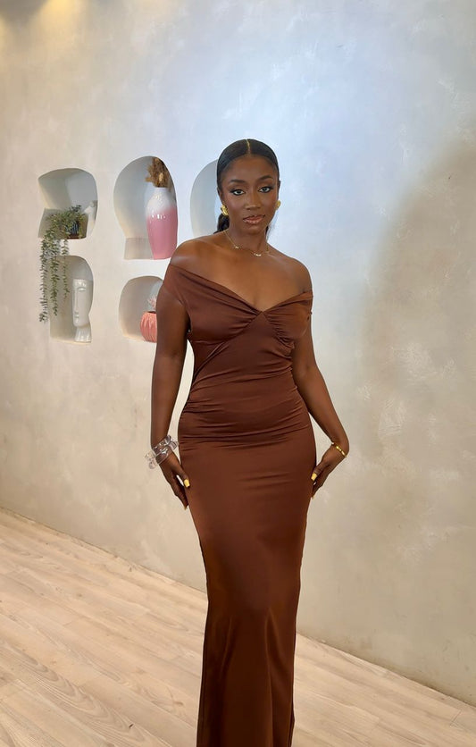 Mocha Embrace Off-shoulder Maxi Dress