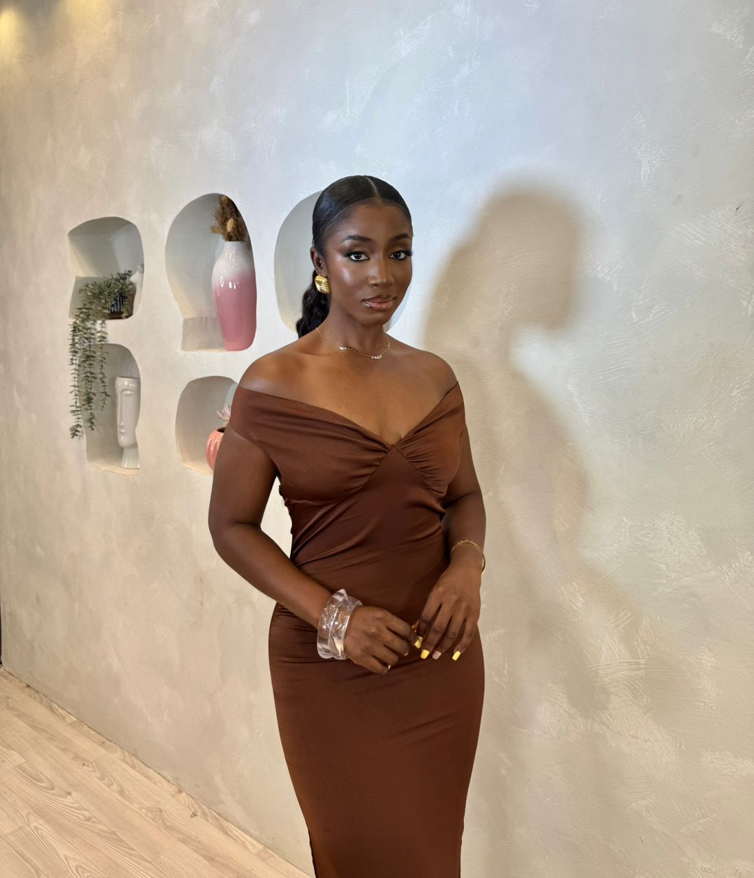 Mocha Embrace Off-shoulder Maxi Dress