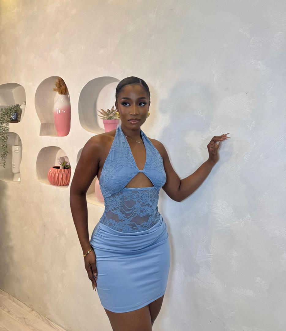 Blue Mist Lace Halter Mini Dress